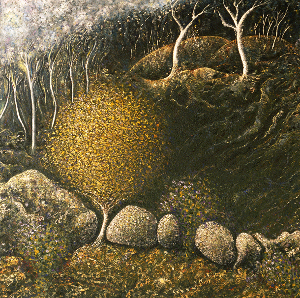Golden Wattle and Hardenbergias - painted by Alan Moloney - 102cm x 102cm . Oil on Canvas