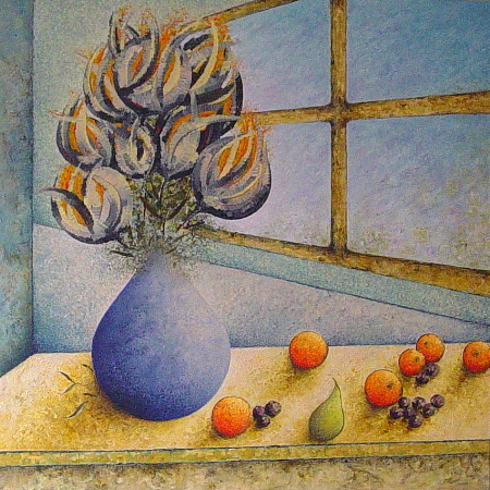 Violet Blue Vase - painted by Alan Moloney - 102cm x 102cm . Oil on Canvas